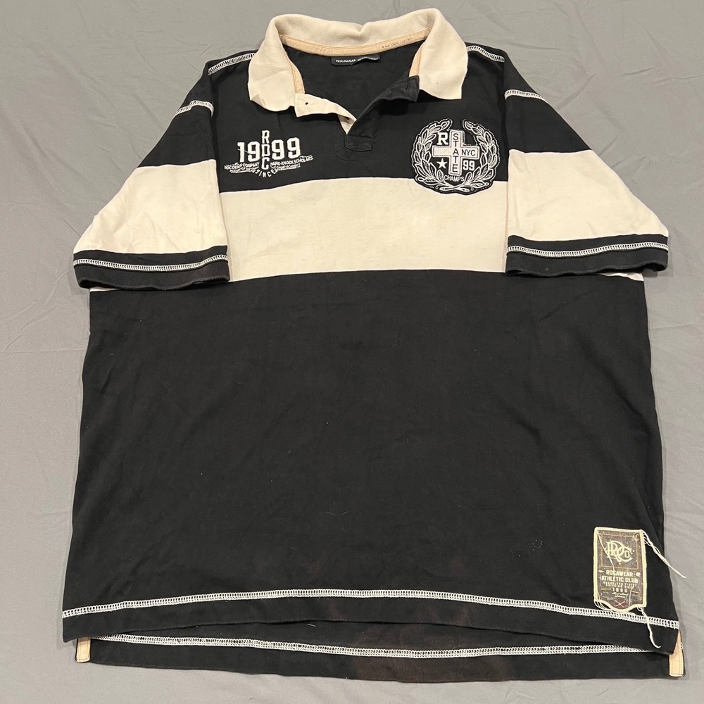 Vintage Rocawear Rugby Polo Shirt Black White Y2K Hip Hop Baggy R99 Mens XL 2XL